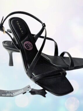 Tahari Marilla Black Leather Kitten Square Open Toe Heel Sandals Size 8.5 NWT